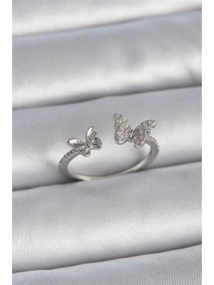 Pirinç Gümüş Renk Ayarlanabilir Zirkon Taşlı Kelebek Model Kadın Yüzük