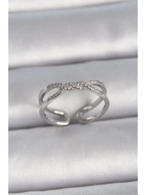 Pirinç Gümüş Renk Ayarlanabilir Zirkon Taşlı Sarmal Model Kadın Yüzük