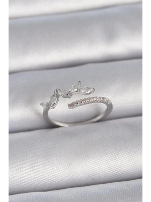 Pirinç Gümüş Renk Ayarlanabilir Zirkon Taşlı Yaprak Model Kadın Yüzük