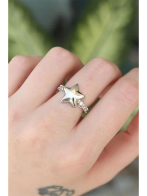 Pirinç Gümüş Renk Ayarlanabilir Zirkon Taşlı Yıldız Yüzük