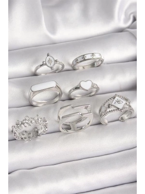 Pirinç Gümüş Renk Beyaz Mineli Kalp Çiçek Detay Kadın Yüzük Kombin