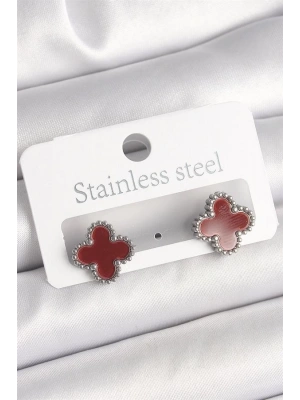 Pirinç Gümüş Renk Bordo Yonca Model Kadın Küpe