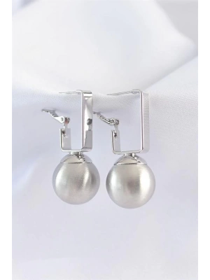 Pirinç Gümüş Renk Dikdörtgen Detay Oval Küpe