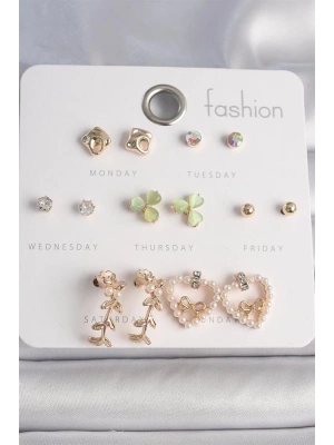 Pirinç Gümüş Renk İncili Kalp Figür Kurdela Detay 7 Çift Kadın Küpe Seti