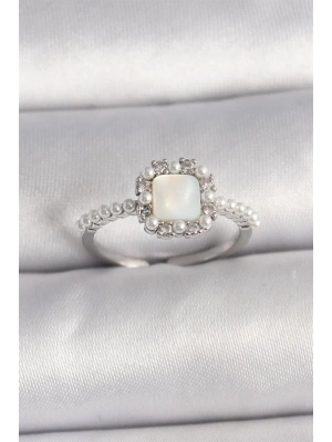 Pirinç Gümüş Renk İncili Kare Beyaz Mineli Ayarlanabilir Kadın Yüzük