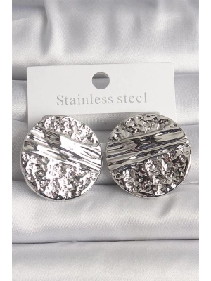 Pirinç Gümüş Renk İşlemeli Daire Plaka Model Kadın Küpe