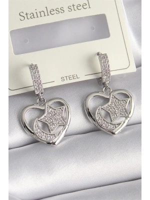 Pirinç Gümüş Renk Kalp Model Zirkon Taşlı Ay Yıldız İşlemeli Kadın Küpe