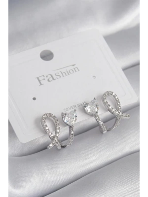 Pirinç Gümüş Renk Kalp Model Zirkon Taşlı Kadın Küpe