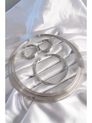 Pirinç Gümüş Renk Kolye Küpe Bileklik Seti