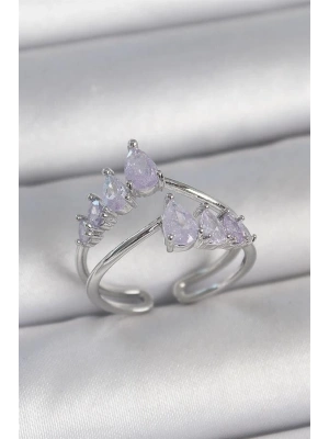 Pirinç Gümüş Renk Mor Damla Zirkon Taşlı Taç Model Kadın Yüzük