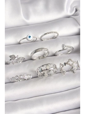 Pirinç Gümüş Renk Nazar Boncuk Detay İncili Kelebek İşlemeli Kadın Yüzük Kombini