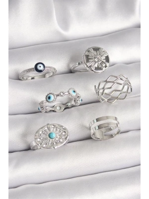 Pirinç Gümüş Renk Nazar Boncuk Zirkon Taş Detaylı Dalga Figür Kadın Yüzük Kombini