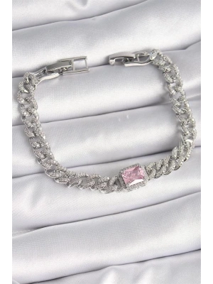 Pirinç Gümüş Renk Pembe Kare Zirkon Taşlı VIP Seri Kadın Bileklik