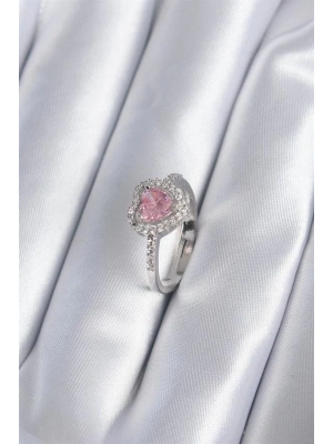Pirinç Gümüş Renk Pembe Zirkon Taş Kalp Charm Model Kadın Yüzük