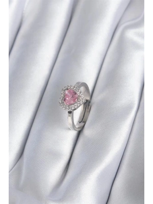 Pirinç Gümüş Renk Pembe Zirkon Taşlı Charm Model Kadın Yüzük