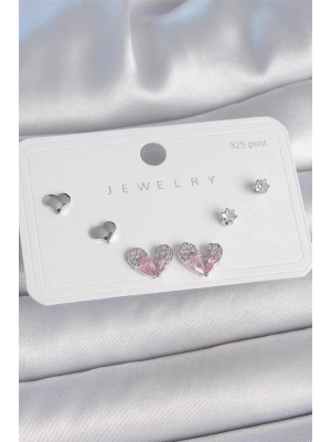 Pirinç Gümüş Renk Pembe Zirkon Taşlı Kalp Model 925 Ayar Gümüş Çivi Kadın Küpe Seti
