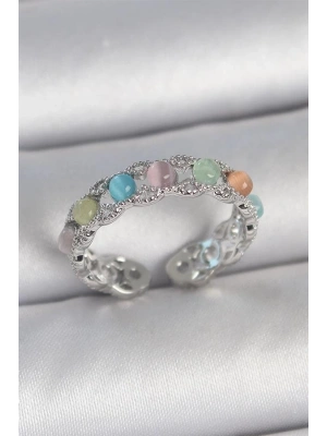 Pirinç Gümüş Renk Renkli Mineli Ayarlanabilir Kadın Yüzük