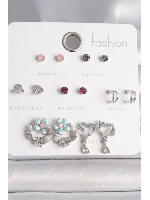 Pirinç Gümüş Renk Renkli Zirkon Taşlı Daire Çiçek Figür Sallantı Kalp Detay 7 Çift Kadın Küpe Seti