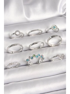 Pirinç Gümüş Renk Renkli Zirkon Taşlı Kadın Yüzük Kombini