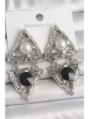 Pirinç Gümüş Renk Sallantı Üçgen Model İnci Detay Kadın Küpe