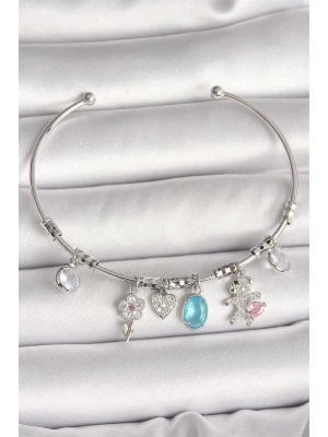 Pirinç Gümüş Renk Sallantı Zirkon Taşlı Ayıcık Figür Çiçek Detay Charm Kadın Bileklik