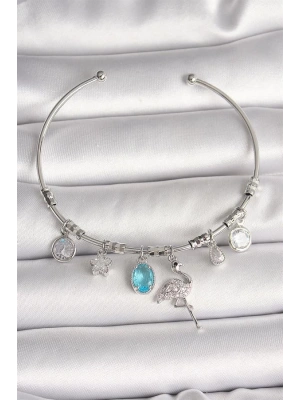 Pirinç Gümüş Renk Sallantı Zirkon Taşlı Filaminga Figür Charm Kadın Bileklik