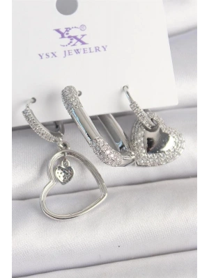 Pirinç Gümüş Renk Sallantı Zirkon Taşlı Kalp Model 3Lü Kadın Kombin Küpe
