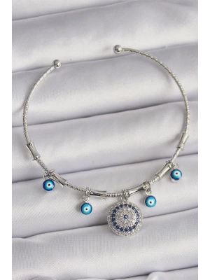 Pirinç Gümüş Renk Sallantı Zirkon Taşlı Nazar Boncuk Figür Charm Bileklik