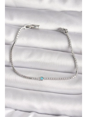 Pirinç Gümüş Renk Su Yolu Zirkon Taşlı Mavi Taşlı Kadın Bileklik