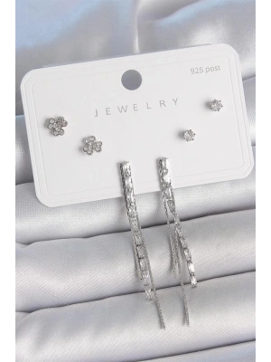 Pirinç Gümüş Renk Su Yolu Zirkon Taşlı Sallantı Model Çiçek Detay 925 Ayar Gümüş Çivi Kadın Küpe Seti