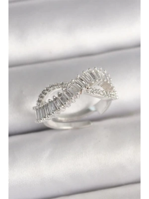 Pirinç Gümüş Renk Su Yolu Zirkon Taşlı Sonsuzluk Model Ayarlanabilir Kadın Yüzük