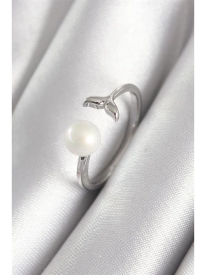 Pirinç Gümüş Renk Top İnci Figür Balık Kuyruğu Model Kadın Yüzük