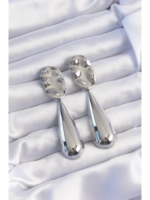 Pirinç Gümüş Renk Uzun Bombeli Ezme Plaka Küpe