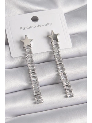 Pirinç Gümüş Renk Yıldız Model Su Yolu Zirkon Taş Kadın Küpe