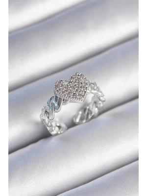 Pirinç Gümüş Renk Zincir Kordon Zirkon Taşlı Kalp Model Kadın Yüzük