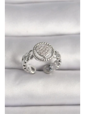 Pirinç Gümüş Renk Zincir Model Zirkon Taşlı Kalp Model Kadın Yüzük