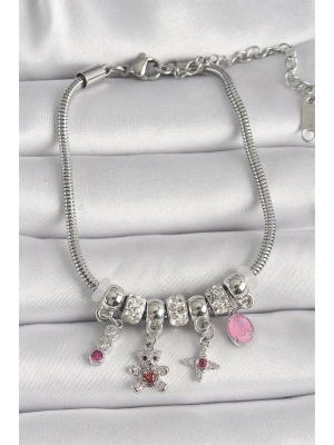 Pirinç Gümüş Renk Zincir Sallantı Zirkon Taşlı Ayıcık Figür Yıldız Detay Kadın Bileklik