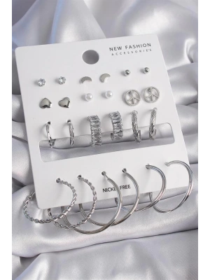 Pirinç Gümüş Renk Zirkon Taşlı 12 Çift Kadın Küpe Seti