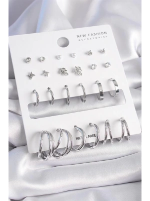 Pirinç Gümüş Renk Zirkon Taşlı 12 Çift Küpe Seti