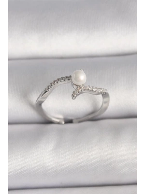 Pirinç Gümüş Renk Zirkon Taşlı Ayarlanabilir Yüzük