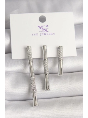 Pirinç Gümüş Renk Zirkon Taşlı Bambu Model 3Lü Kadın Kombin Küpe