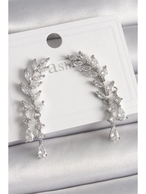 Pirinç Gümüş Renk Zirkon Taşlı Başak Model Kadın Küpe