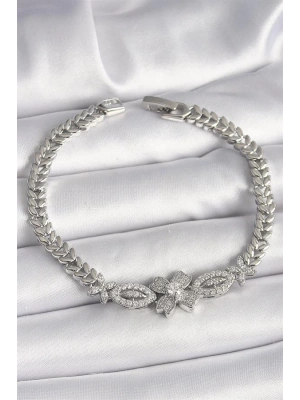 Pirinç Gümüş Renk Zirkon Taşlı Çiçek Figür Arpa Zincir Model Kadın Bileklik