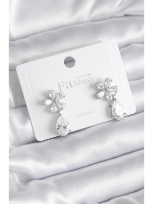 Pirinç Gümüş Renk Zirkon Taşlı Çiçek Model Damla Model Kadın Küpe