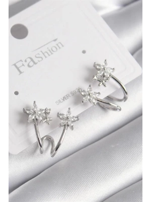 Pirinç Gümüş Renk Zirkon Taşlı Çiçek Model Kadın Küpe