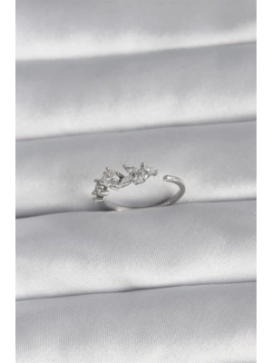 Pirinç Gümüş Renk Zirkon Taşlı Çiçek Model Kadın Yüzük