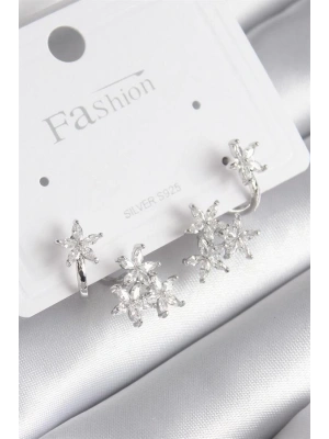 Pirinç Gümüş Renk Zirkon Taşlı Çiçek Tasarım Kadın Küpe