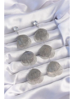 Pirinç Gümüş Renk Zirkon Taşlı Çizgi Plaka Sallantılı Küpe