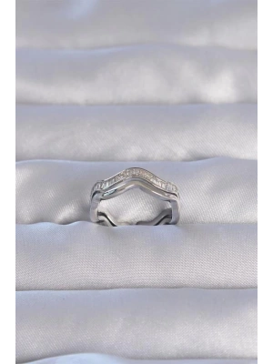 Pirinç Gümüş Renk Zirkon Taşlı Dalgalı Su Yolu Model Ayarlanabilir Yüzük