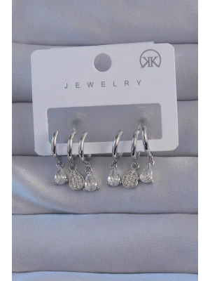 Pirinç Gümüş Renk Zirkon Taşlı Damla Model Çoklu Görünüm Yarım Halka Küpe